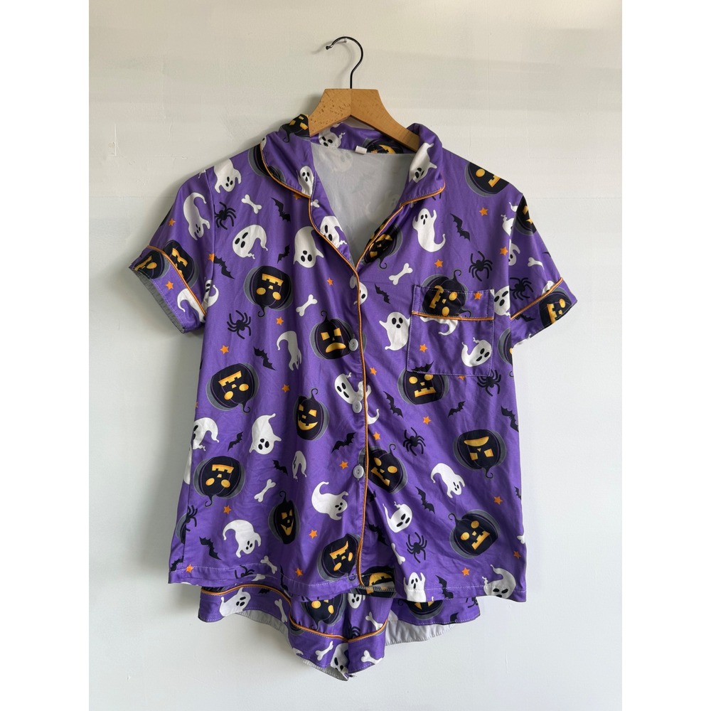 Halloween Ghost Pumpkin Pajama Set Purple Short Sleeve Button Down Shorts Small